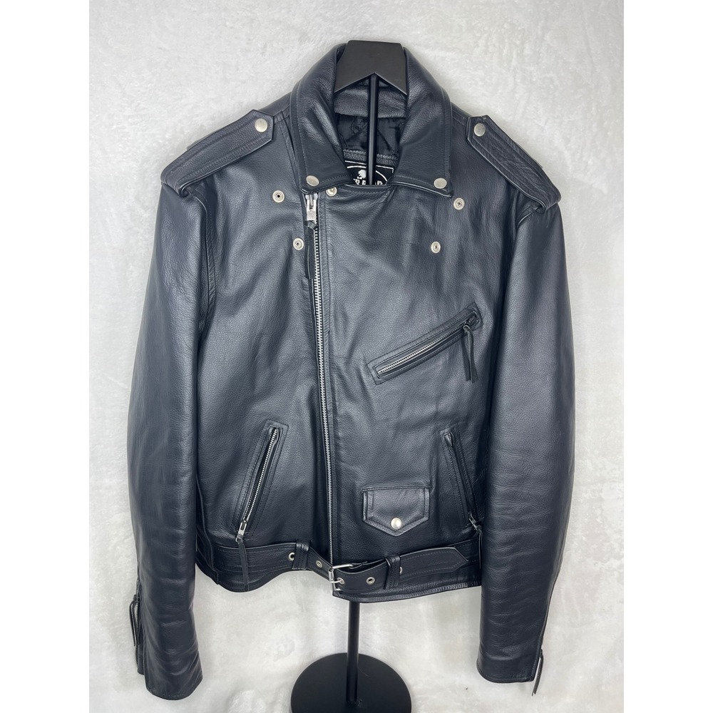 River Road Black Leather Motorcycle Biker Jacket Size 44